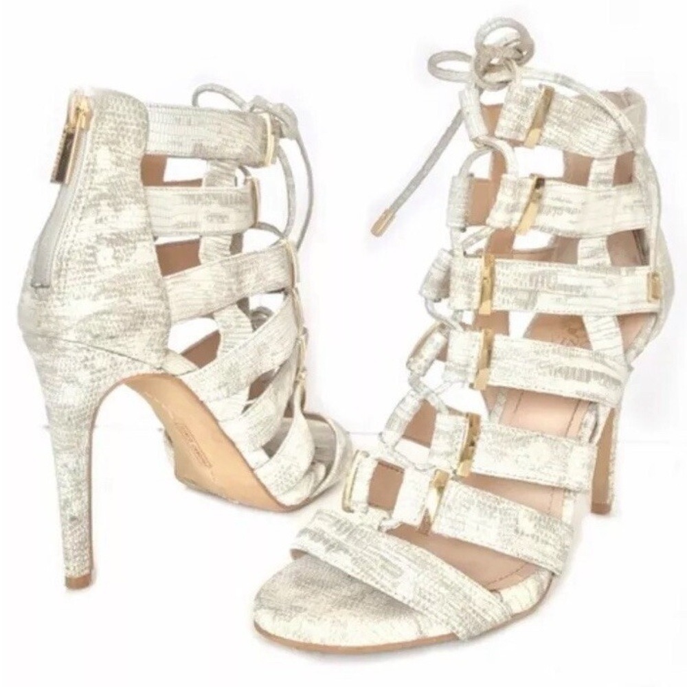 Vince Camuto Freshi Snake Embossed Caged Lace Up Sandals White Gold 7M 37